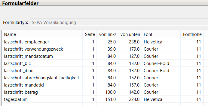 Feldpositionen im Formular